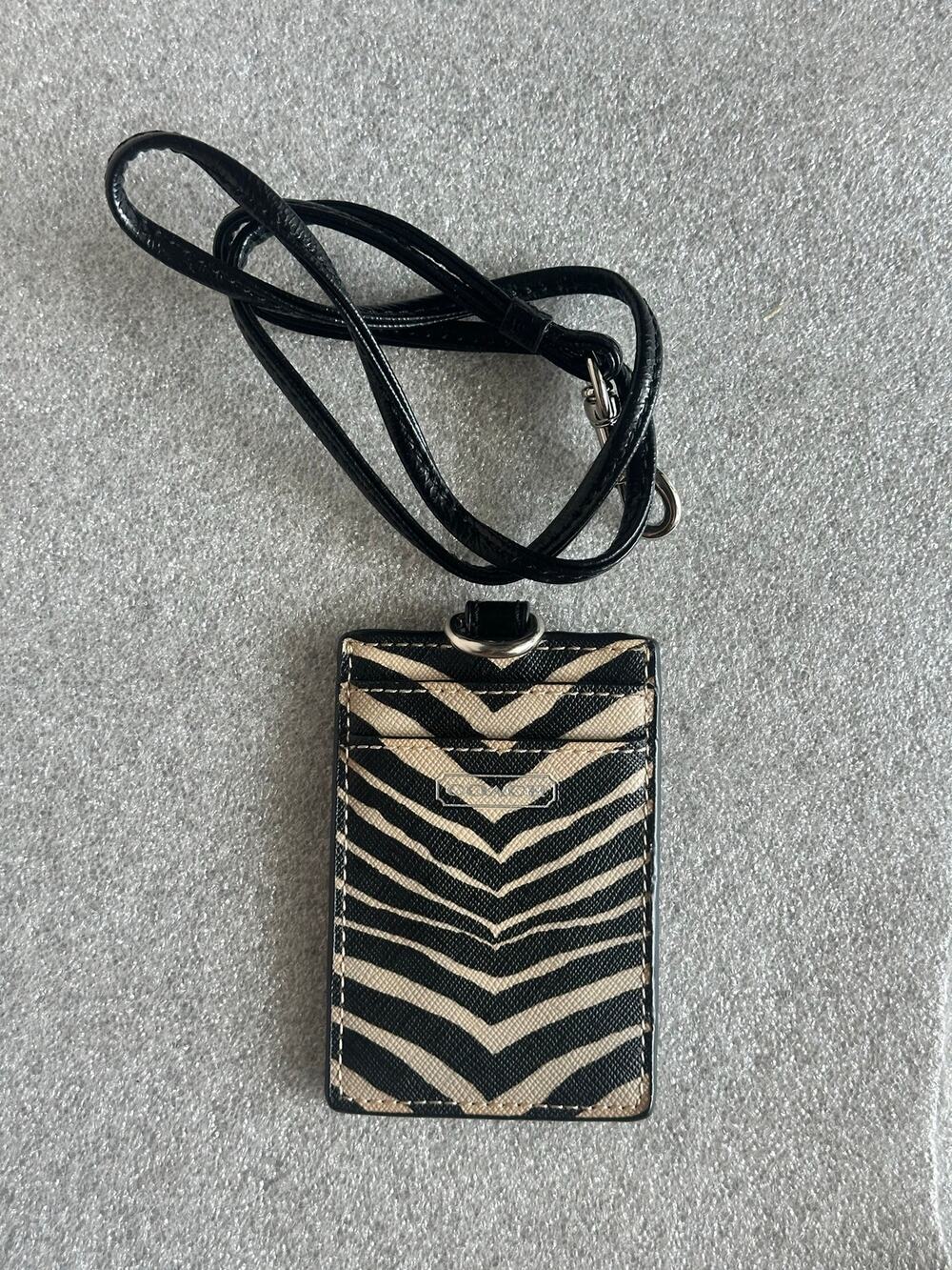 Coach Zebra Print ID Badge Card Holder Lanyard Black Cream Leather